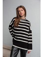 Светр в'язаний прямий з розрізами в смужку KOF-3508 one size Чорний Молочний Чорно-молочний