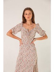 Сукня максі з софту з короткими рукавами PLA-0525 Молочний S Молочний+коричневий