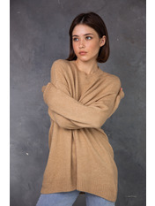 Светр трикотажний oversize  подовжений  однотонний  KOF-5190 Капучиновий Коричневий one size