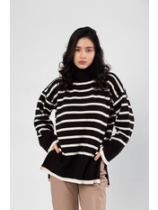 Светр трикотажний прямий з розрізами в смужку KOF-935 Молочний Чорний Чорно-молочний one size