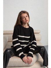 Светр в'язаний прямий в смужку KOF-3836 Молочний Чорний Чорно-молочний one size