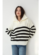Светр в'язаний вільний на замку в смужку KOF-KP-7655 Білий Чорний Біло-чорний one size