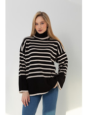 Светр вільний з широкими рукавами в смужку KOF-57411 Чорний Молочний one size Чорно-молочний