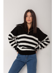 Светр в'язаний вільний на замку в смужку KOF-KP-7655 Чорно білий Чорний one size
