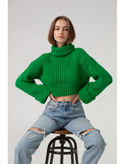 Светр в'язаний вільний вкорочений однотонний KOF-05-5786 Зелений one size