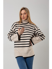 Светр вільний з широкими рукавами в смужку KOF-57411 Молочний Чорний one size Молочно-чорний